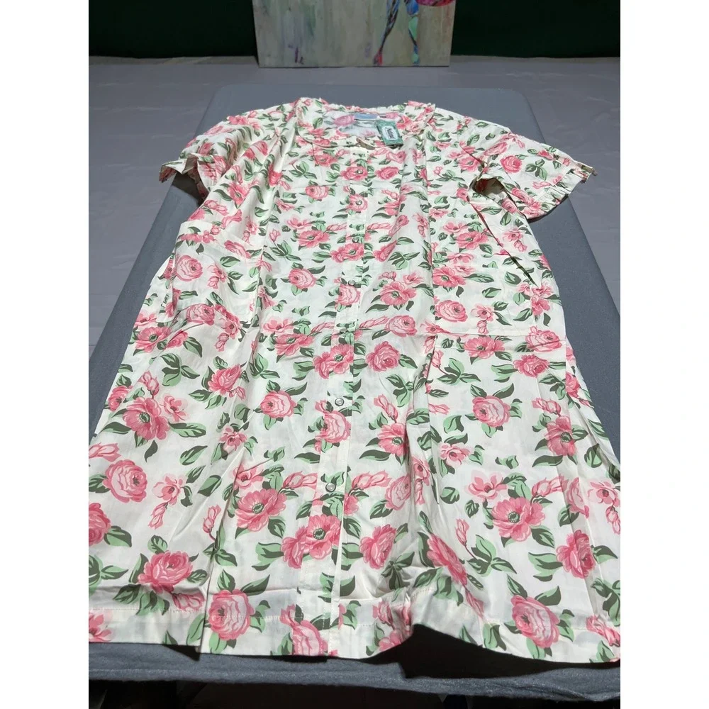 National Floral Snap Front House Dress Duster Lounger Pink Roses Robe Cotton 3X